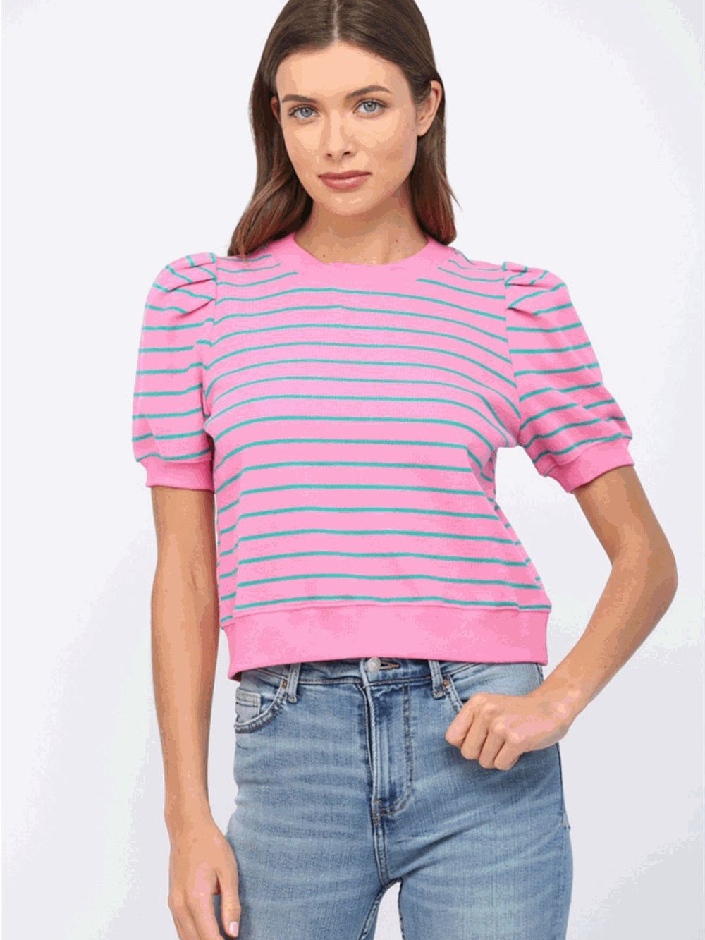 Fate Pink Stripe Puff-Sleeve Knit Tee